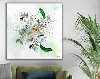 Extra Large Modern Wall Art Living Room, Abstract Botanical Large Print, Minimalist Green Wall Art, Boho Wall Decor, Watercolor Modern Art