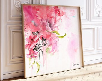 Pink Flower Watercolor Painting on Canvas, Minimalist Abstract Floral Wall Art, Hot Pink Wall Decor, Magenta Preppy Wall Art for Living Room