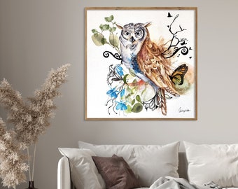 Owl Print Wall Art, Boho Wall Art, Owl Watercolor Painting, Wildlife Art, Watercolor Bird Art, Owl Lovers Gift, Bird Painting Colorful, Gift