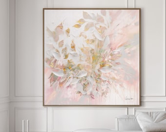 Light Pink Wall Art, Pink and White Abstract Painting, Minimalist Modern Wall Art, Pastel Art Canvas, Large Art Print, Living Room Decor Art