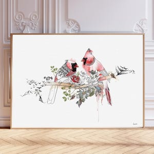 Cardinal Bird Wall Art, Love Birds Canvas Print, Red Cardinal Artwork, Romantic Nature Decor, Bird Lover Gift, Large Wall Art