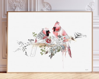 Cardinal Bird Wall Art, Love Birds Canvas Print, Red Cardinal Artwork, Romantic Nature Decor, Bird Lover Gift, Large Wall Art