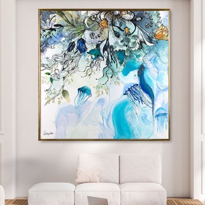 Abstract watercolor painting featuring a blue, green, and white color scheme. The painting depicts a cluster of jellyfish and floral elements.