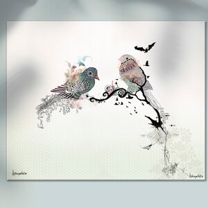 A whimsical illustration of two birds perched on a branch with intricate details. The birds are adorned with colorful patterns and textures, creating a visually captivating scene. The background features a subtle dotted pattern and delicate floral elements.