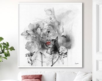 Black and White Wall Art Modern, Abstract Black Woman Painting, Large Office Wall Art, Black and White Abstract Art, Oversized Contemporary