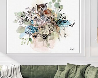 Original Owl Art Print, Wildlife Art Print, Owl Gift for Woman, Large Wall Art, Owl Decor, Animal Watercolor Painting, Owl Lover Gift