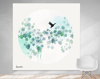 Large Canvas Art, Leaves Watercolor Painting, Minimalist Wall Art, Blue Leaves Wall Art, Extra Large Painting, Large Watercolor Wall Art