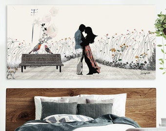 Cuadro de pareja enamorada, lienzo para pared de dormitorio, impresión en lienzo grande, arte romántico, arte de pared grande, decoración de dormitorio, arte para dormitorio