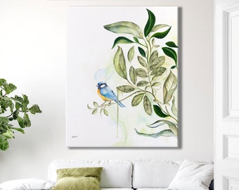 Liz Kapiloto Large Original Art, Bluebird Art, Original Watercolor Painting on Canvas, Tropical Wall Art, Bird Painting, One of a Kind Art