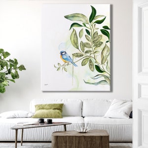 Liz Kapiloto Large Original Art, Bluebird Art, Original Watercolor Painting on Canvas, Tropical Wall Art, Bird Painting, One of a Kind Art