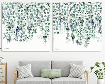 Set of 2 Canvas Art, Green Botanical Painting, Extra Large Wall Art, Leaf Wall Art, Large Botanical Art, Set of 2 Wall Art, Oversized Art