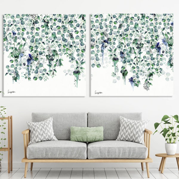 Set of 2 Canvas Art, Green Botanical Painting, Extra Large Wall Art, Leaf Wall Art, Large Botanical Art, Set of 2 Wall Art, Oversized Art