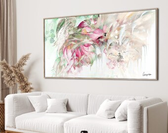 Extra Large Living Room Wall Art Canvas, Pastel Colors Abstract Art, Modern Painting, Pink Flower Wall Art, dreamy pale Colorful abstract