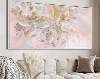 Large Horizontal Wall Art, Blush Pink Abstract Painting, Soft Colors Art Print Canvas, Above Bed Art, Pink and Gold Artwork, Abstract Modern