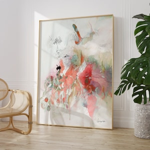 Impressão de arte de parede abstrata, pintura em aquarela rosa claro avermelhada, arte de parede extra grande, pintura abstrata rosa, arte de parede boho moderna, arte japonesa