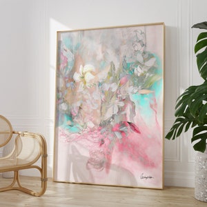 Grote kunstafdruk, abstracte roze bloem schilderij, pastelkleuren aquarel schilderij, abstracte muur kunst canvas, woonkamer decor, moderne kunst