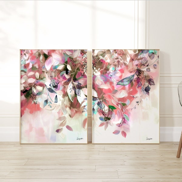 Lot de 2 grands tirages, art mural abstrait rose, impression de feuilles tropicales, grand ensemble d'art mural sur toile, peinture moderne abstraite, art rose pastel