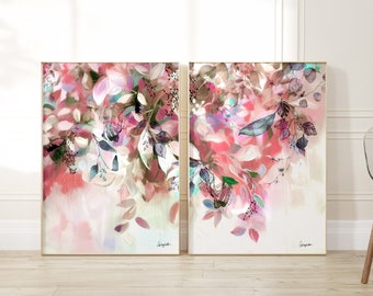 Set of 2 Large Prints, Pink Abstract Wall Art, Tropical Leaves Print, Large Wall Art Set Canvas, Abstract Modern Painting, Pastel Pink Art