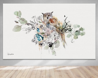 Large Boho Wall Art Print, Original Owl Painting, Owl Decor, Bohemian Home Decor, Large owl art, Bohemian Print, Owl Boho Art, Owl Gifts