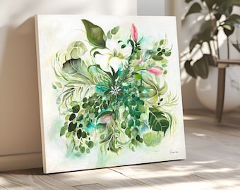 Original Green Flower Painting on Canvas, Abstract Floral Painting, Boho Wall Art, Modern Acrylic Painting, Living Room Wall Decor Original
