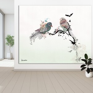 A white background with a green and pink bird perched on a branch with black and white abstract designs. The bird is looking to the right. Another bird is perched on the branch to the left of the first bird. The second bird is green and blue with a pink beak. The background is a light green with a white pattern.