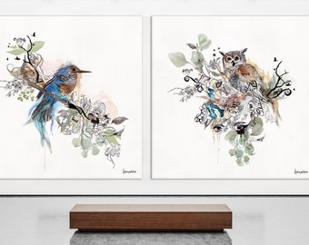 Large Wall Art Set of 2, Birds Art Set, Modern Wall Art, Extra Large Wall Art, Bird Prints, Set of 2 Prints, Living Room Wall Art Set