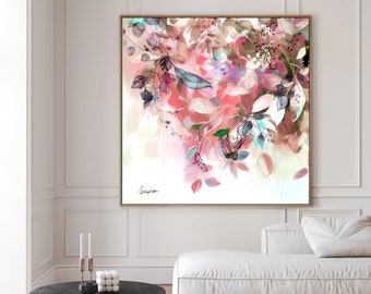 Pink Abstract Floral Painting, Large Wall Art Oversized, Pastel Pink Abstract Art, Tropical Wall Art, Modern Art for Living Room Decor