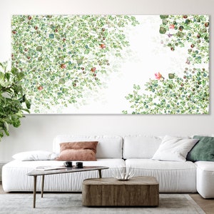 Large Panoramic Wall Art Canvas, Wildflowers Art, Farmhouse Wall Art, Green Tree with Flowers Painting, Living Room Extra Large Wall Art