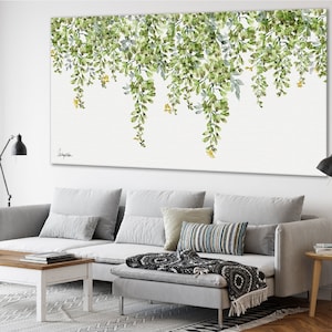 Arte de parede botânica grande, pintura em aquarela verde, arte de parede emoldurada de tamanho grande, arte de parede moderna grande, decoração de parede para sala de estar, arte com tema de folhagem