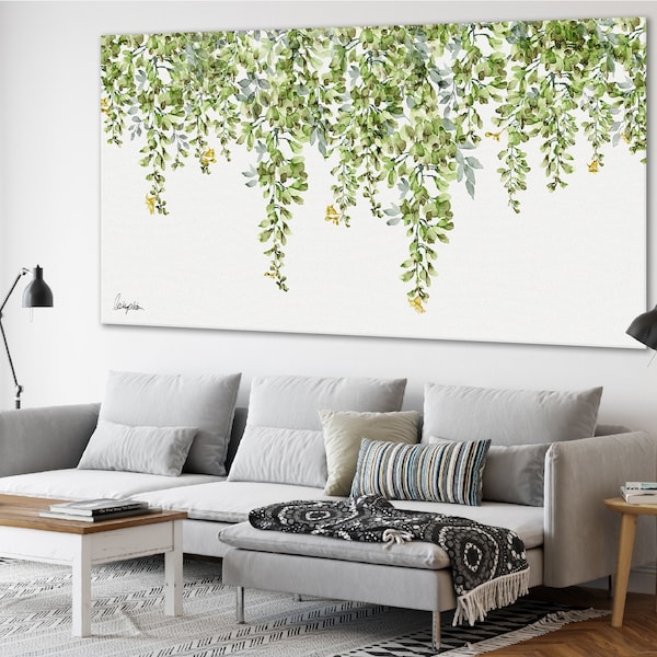 Arte de parede botânica grande, pintura em aquarela verde, arte de parede emoldurada de tamanho grande, arte de parede moderna grande, decoração de parede para sala de estar, arte com tema de folhagem