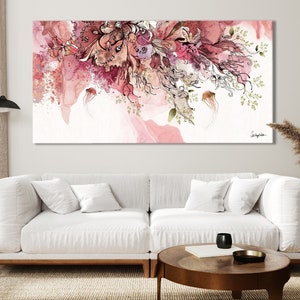 large abstract painting with colors of pink, red, green and black