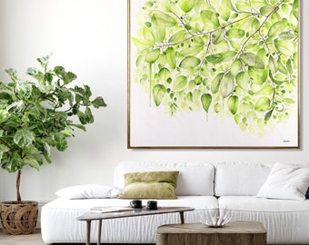 Cuadro grande botánico verde, pintura abstracta de árbol en acuarela, decoración de pared para sala de estar, lienzo de arte de hojas verdes, lámina artística de hoja gigante