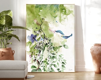 Green Abstract Wall Art, Large Watercolor Painting, Wabi Sabi Art, Minimalist Modern Wall Decor, Green Japandi Wall Art, Abstract Flower Art