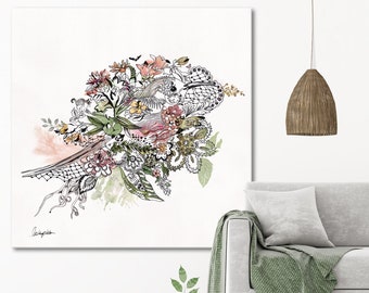 Bird Art Print, Large Wall Art, Bohemian Wall Art, Original Artwork, Large Boho Art, Large Painting Print, Large Wall Decor, Floral Wall Art