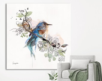 Peinture grand oiseau bleu, très grands caractères, art mural bleu, grand art mural, oeuvre d'art originale, aquarelle oiseau, grand art bleu