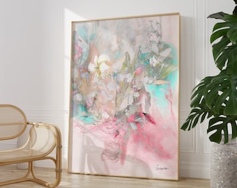 Large Art Print, Abstract Pink Flower Painting, Pastel Colors Watercolor Painting, Abstract Wall Art Canvas, Living Room Decor, Modern Art