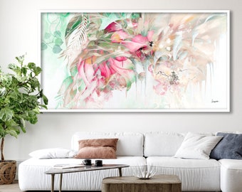 Extra Large Living Room Wall Art Canvas, Pastel Colors Abstract Art, Modern Painting, Pink Flower Wall Art, Dreamy Pale Colorful Abstract