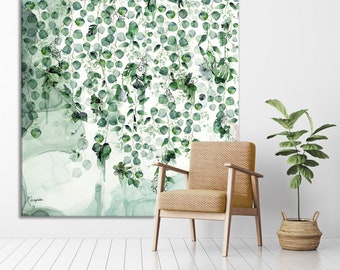 Art mural de ferme, art botanique abstrait, grand art mural, art vert sauge, peinture botanique, art mural salon surdimensionné, art vert