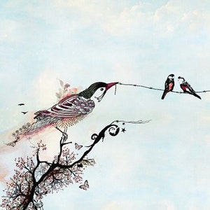 A whimsical illustration of a bird perched on a branch with three other birds on a wire fence. The bird on the branch is detailed with intricate patterns and has a red beak. The birds on the wire fence are black and white with red accents. The background is a light blue watercolor wash with white clouds.