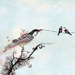 Whimsical Bird Art, Romantic Print, Bird Wall Art, Romantic Wall Art, Whimsical Art Print, Birds on a Wire Wall Art, Bird Artwork image 1