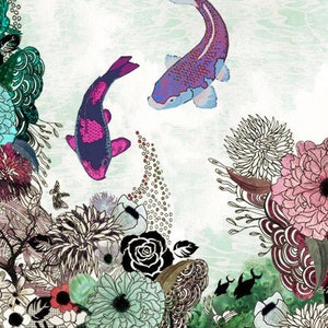 A digital illustration of two purple and pink koi fish swimming in a pond with a green background. The pond is surrounded by a variety of flowers and plants in shades of green, pink, white, and black.