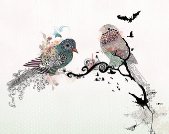 Love birds art, Pen and ink art, Bird illustration, Love birds painting, Colorful