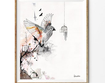 Cuadro decorativo de pájaros volando, lienzo con estampado de naturaleza caprichosa, obra de arte botánica moderna, decoración minimalista de aves, cuadro contemporáneo de gran formato.