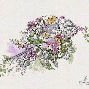 A black and white illustration of a floral bouquet with a purple and pink watercolor wash. The bouquet includes flowers, leaves, and vines. The illustration is signed '© liz kapilotot art & design' in the bottom right corner.