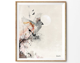 Impresión de pájaro, ilustración de acuarela, impresión de arte de pared, impresión de ilustración, ilustración de bellas artes, regalo para amantes de las aves, impresión de pájaro volador, arte de aves