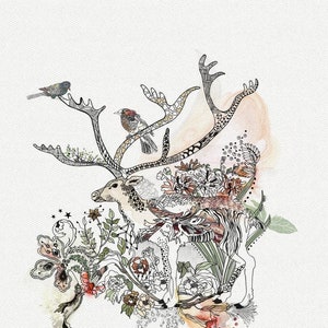 Watercolor and ink drawing of a deer with large, ornate antlers. The antlers are decorated with intricate patterns and small birds. The deer is surrounded by lush floral details and foliage, creating a whimsical, nature-inspired design.  The artwork features a palette of soft pinks, greens, and browns, with black ink outlines. The style is reminiscent of botanical illustrations and fantasy art.