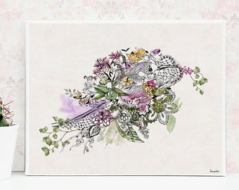 Floral Bird Painting, Hummingbird Art Print, Giclee Art Print, Purple and Green Art, Floral Painting, Hummingbird Painting