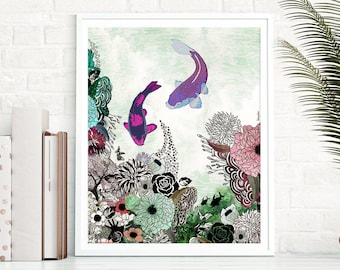 Feng Shui Art, Spiritual Office Wall Art, Koi Fish Painting, Office Wall Decor, Colorful Painting, Spiritual Art, Colorful Large Wall Art