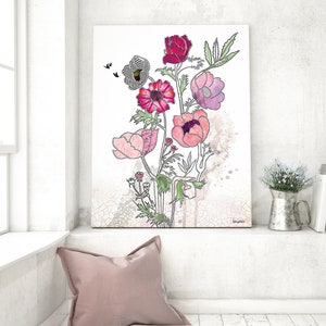 Pink Flowers Art, Pink Art Print, Watercolor Flower Painting, Flowers Artwork, Living Room Art Print, Flower Bouquet Art, Floral Wall Art
