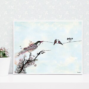 May include: A watercolor painting of a bird perched on a branch with two other birds and a cat on a wire above. The background is a light blue sky with clouds.